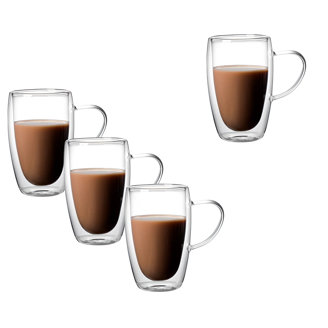 Cani - Set 4 cani cu pereti dubli, pentru cafea, ceai, din sticla, Tranparent, 450 ml