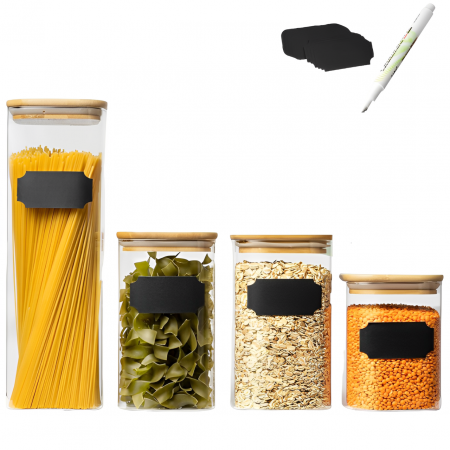 Set 4 recipiente din sticla cu capac din bambus pentru depozitarea alimentelor, 8 etichete si un marker incluse, Transparent/ Bej, 1000 ml + 1400 ml + 2450 ml [0]