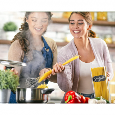 Set 4 recipiente din sticla cu capac din bambus pentru depozitarea alimentelor, 8 etichete si un marker incluse, Transparent/ Bej, 1000 ml + 1400 ml + 2450 ml [5]