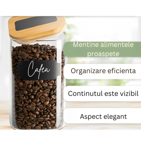 Set 4 recipiente din sticla cu capac din bambus pentru depozitarea alimentelor, 8 etichete si un marker incluse, Transparent/ Bej, 1000 ml + 1400 ml + 2450 ml [4]