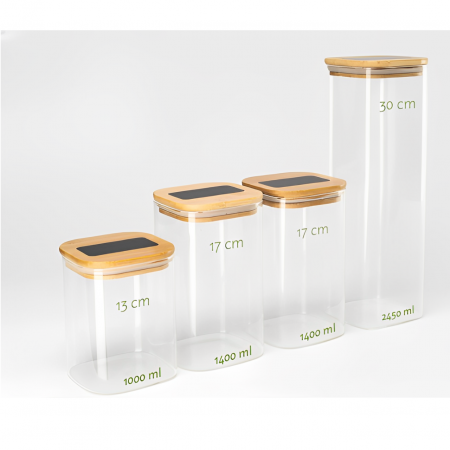 Set 4 recipiente din sticla cu capac din bambus pentru depozitarea alimentelor, 8 etichete si un marker incluse, Transparent/ Bej, 1000 ml + 1400 ml + 2450 ml [1]