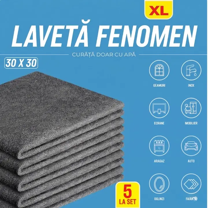 Depozitare si organizare - Set 5 lavete magice, din microfibra, curatare usoara, doar cu apa, curatare diferite suprafete, reutilizabile, 30 x 30 cm