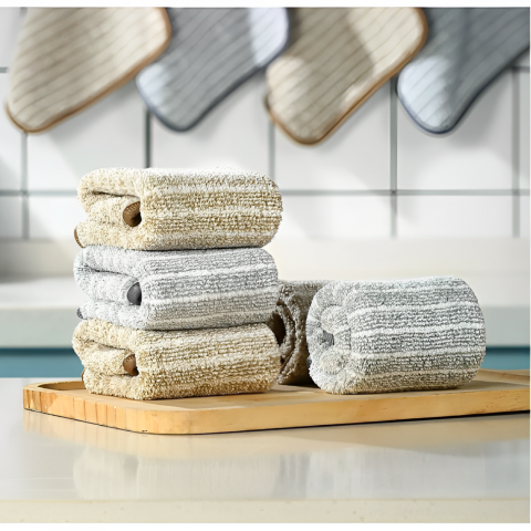 Curățenie - Set 5 lavete reutilizabile din microfibra, model cu dungi, Multicolor, 30 x 30 cm