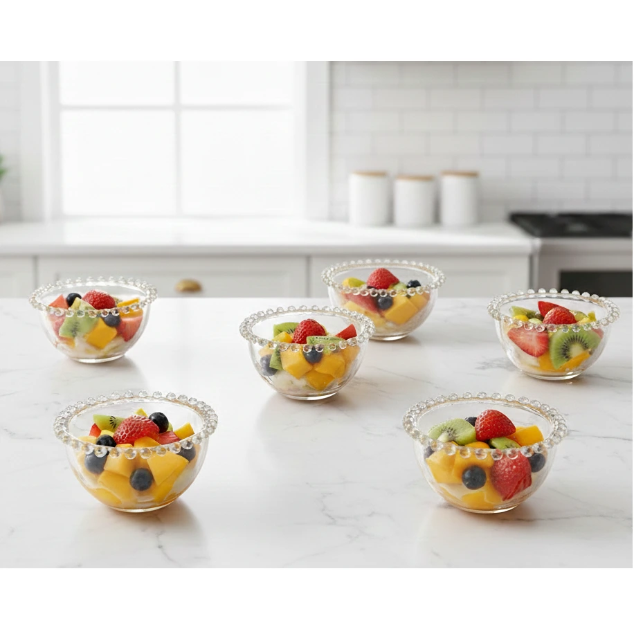 Servire - Set 6 boluri,din sticla, margine perlata, Transparent, 220 ml