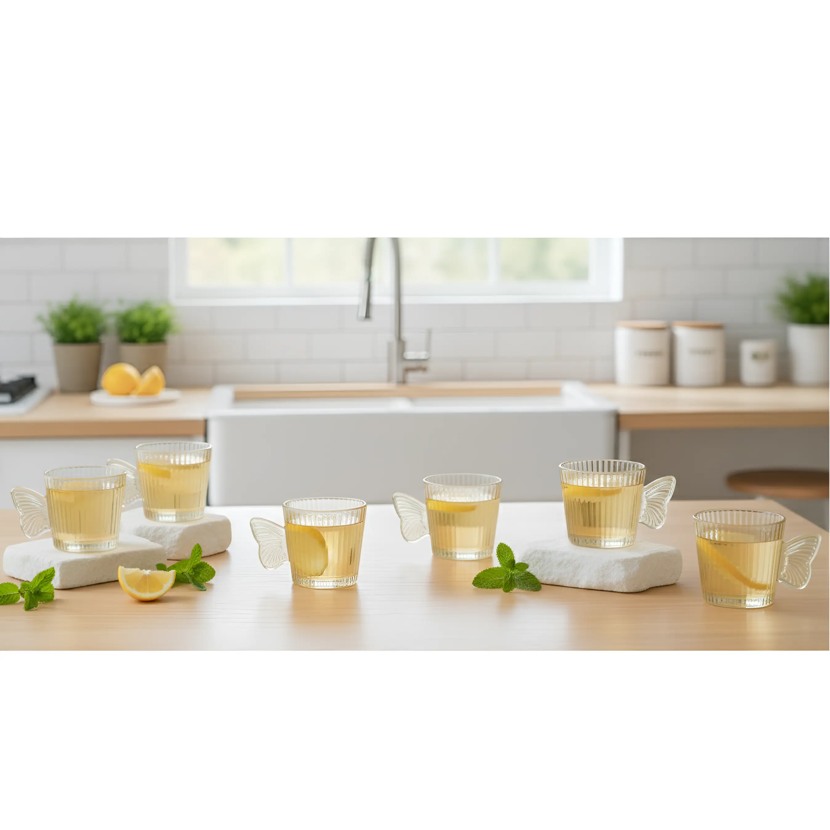 Set 6 cani, din sticla, model in relief, maner in forma de fluture, Transparent, 120 ml [1]