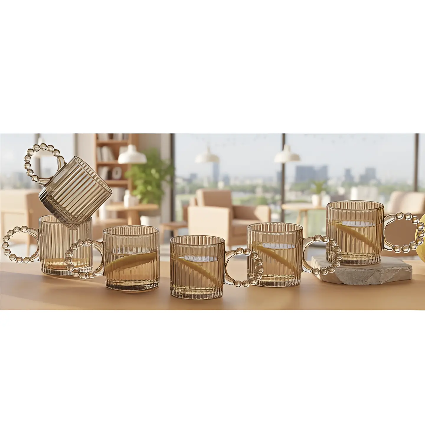 Cani - Set 6 cani, din sticla, model in relief, maner tip margele, Transparent, 110 ml