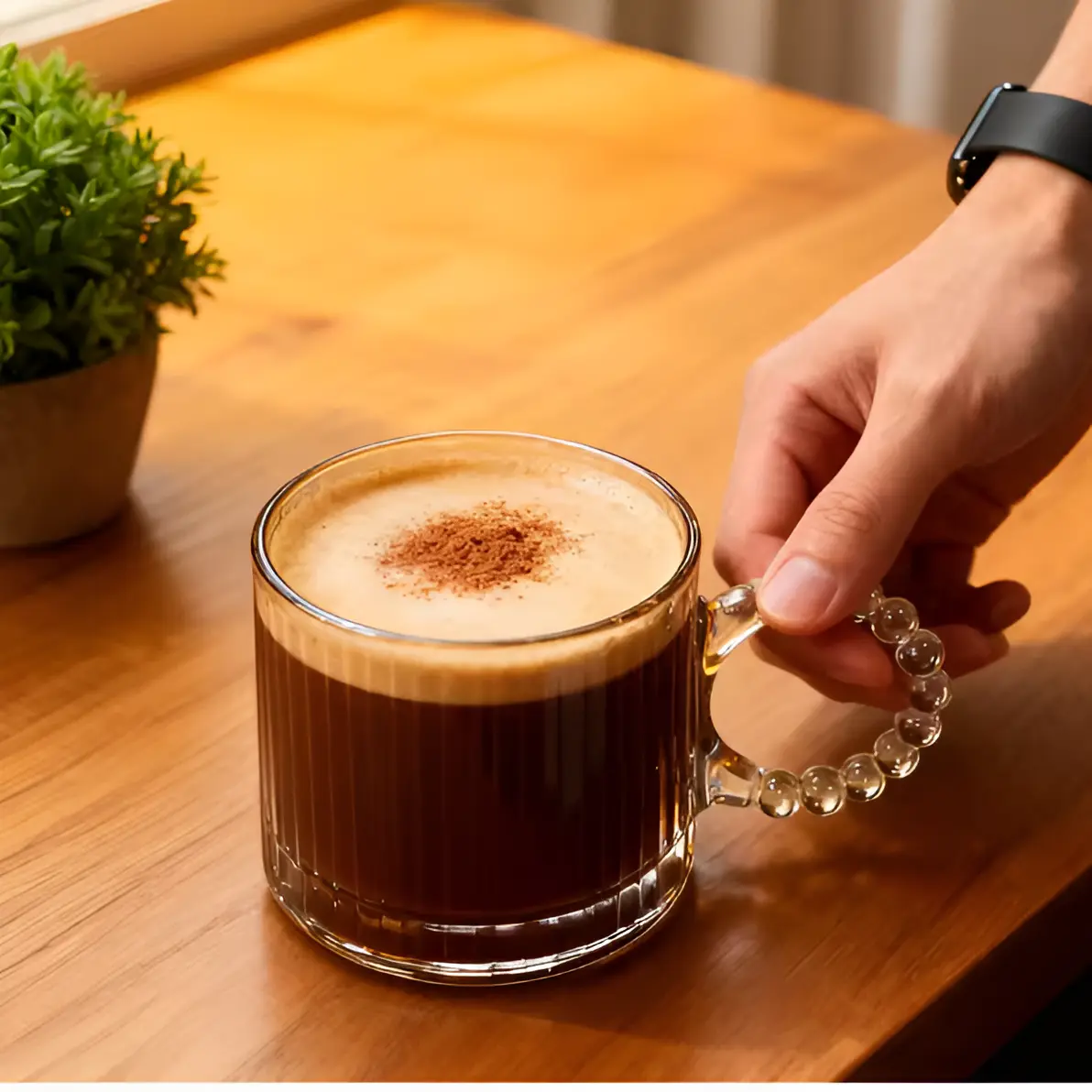 Set 6 cani, din sticla, model in relief, maner tip margele, Transparent, 110 ml [3]