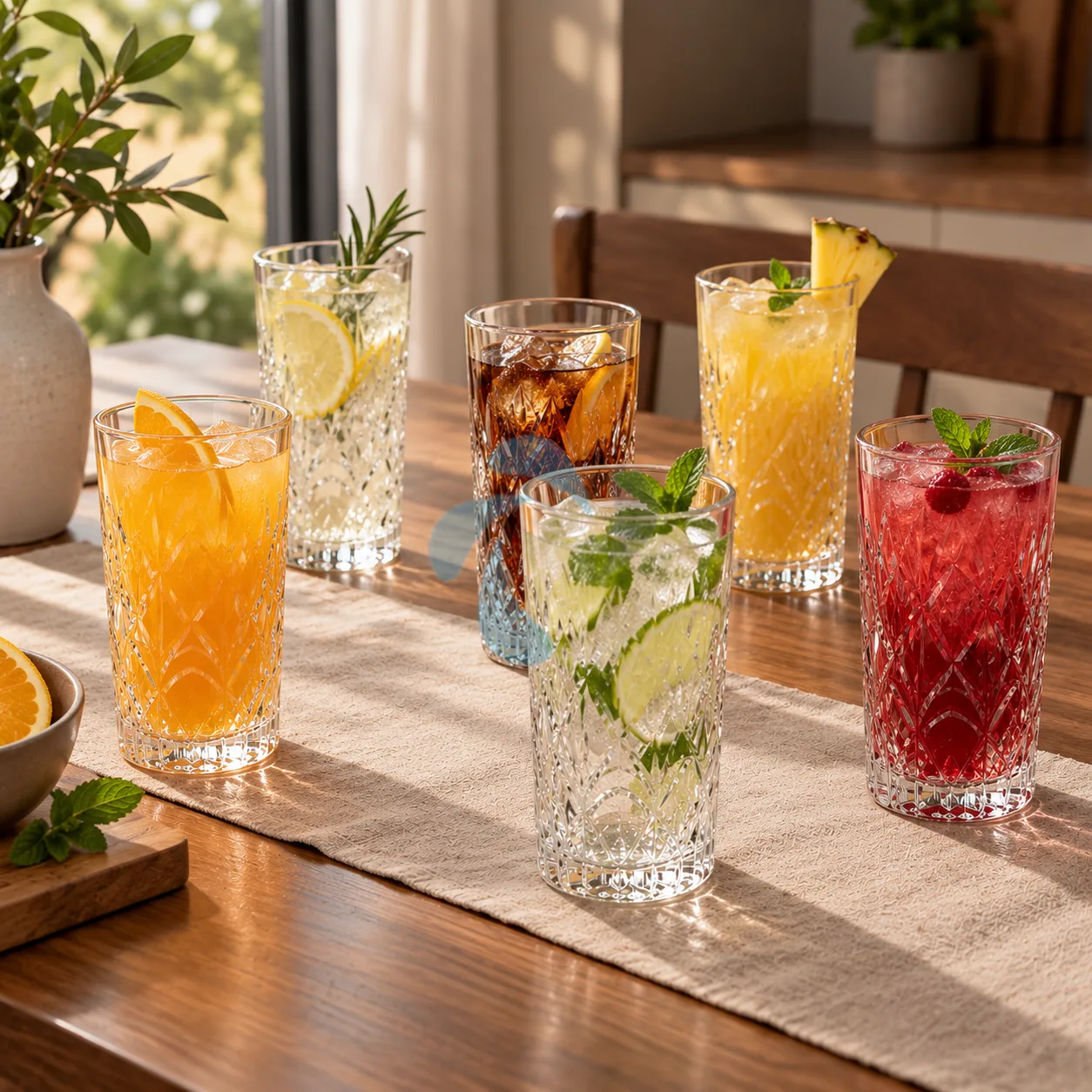 Set 6 pahare pentru suc și cocktailuri, din sticlă, model decorativ, Transparent, 355 ml [1]