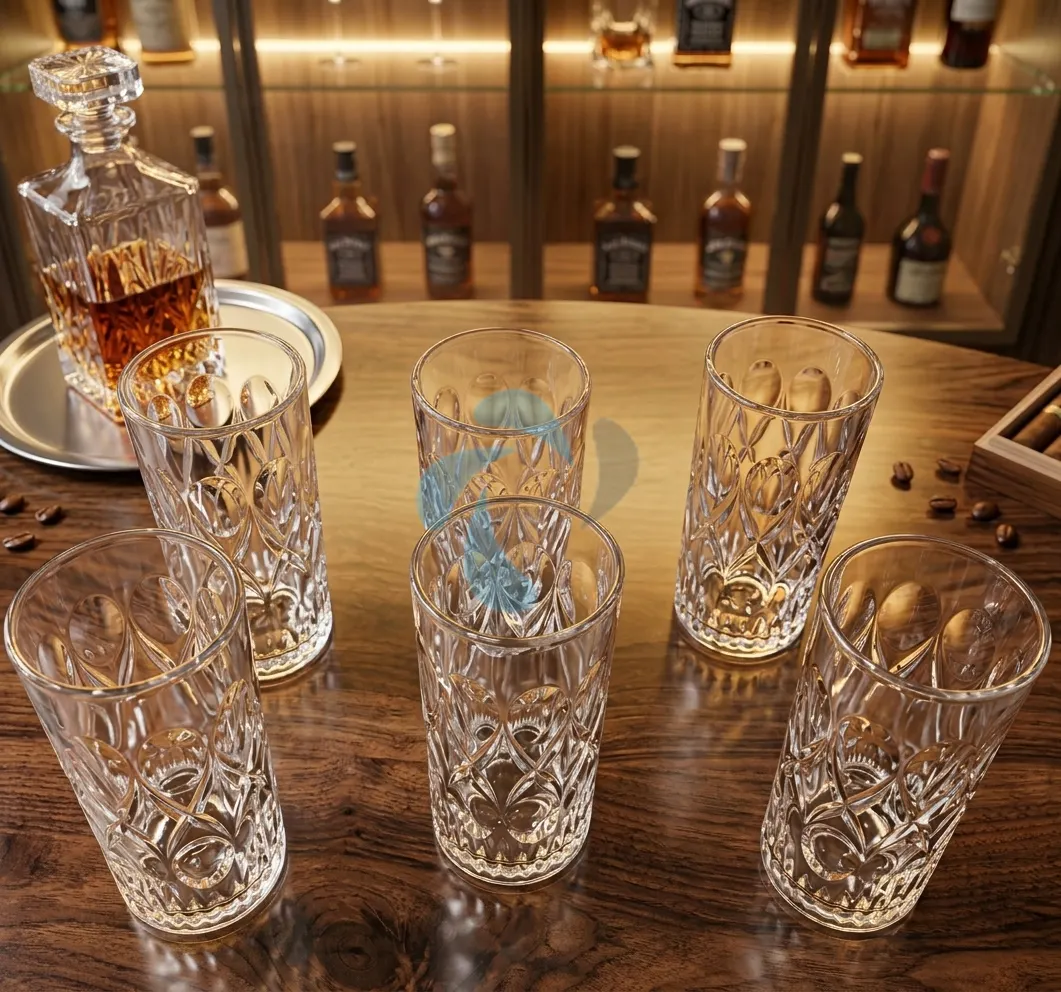 Set 6 pahare pentru suc și cocktailuri, din sticlă, model decorativ, Transparent, 355 ml [2]