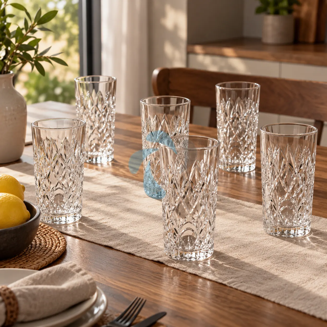 Pahare - Set 6 pahare pentru suc și cocktailuri, din sticlă, model decorativ, Transparent, 355 ml