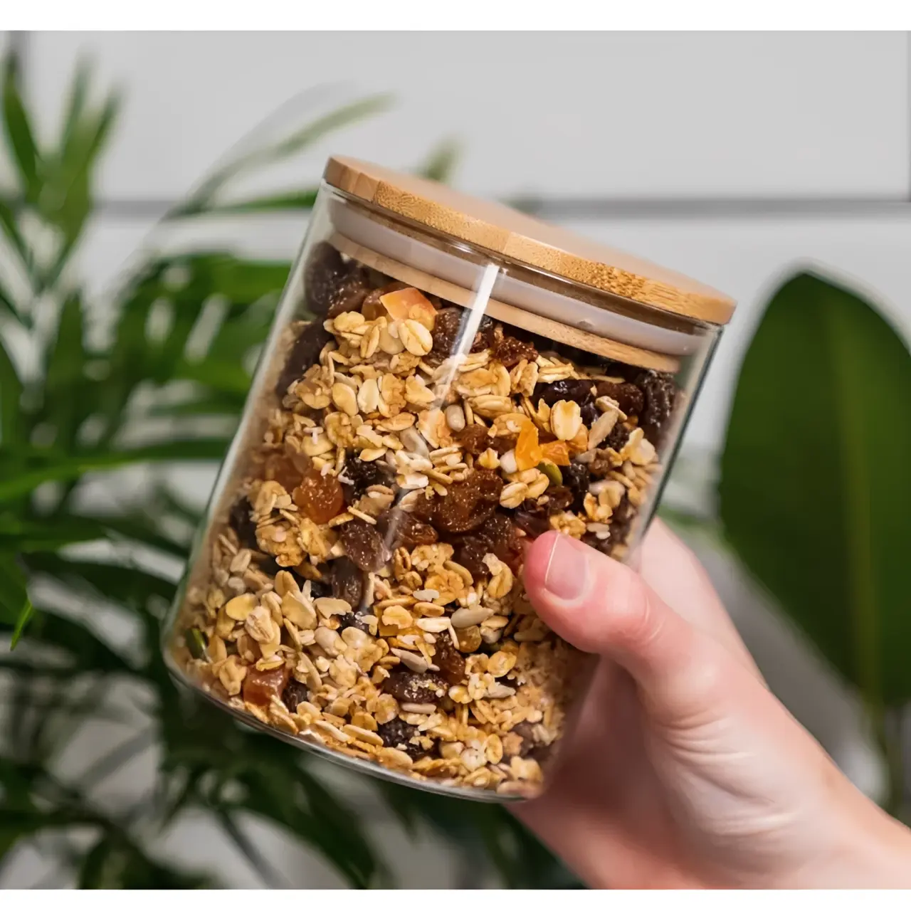 Set 7 borcane de sticla, cu capac de bambus, diferite marimi, etichete, marker, lingurite din plastic, Transparent/Maro, depozitare, organizare, 13 piese [5]