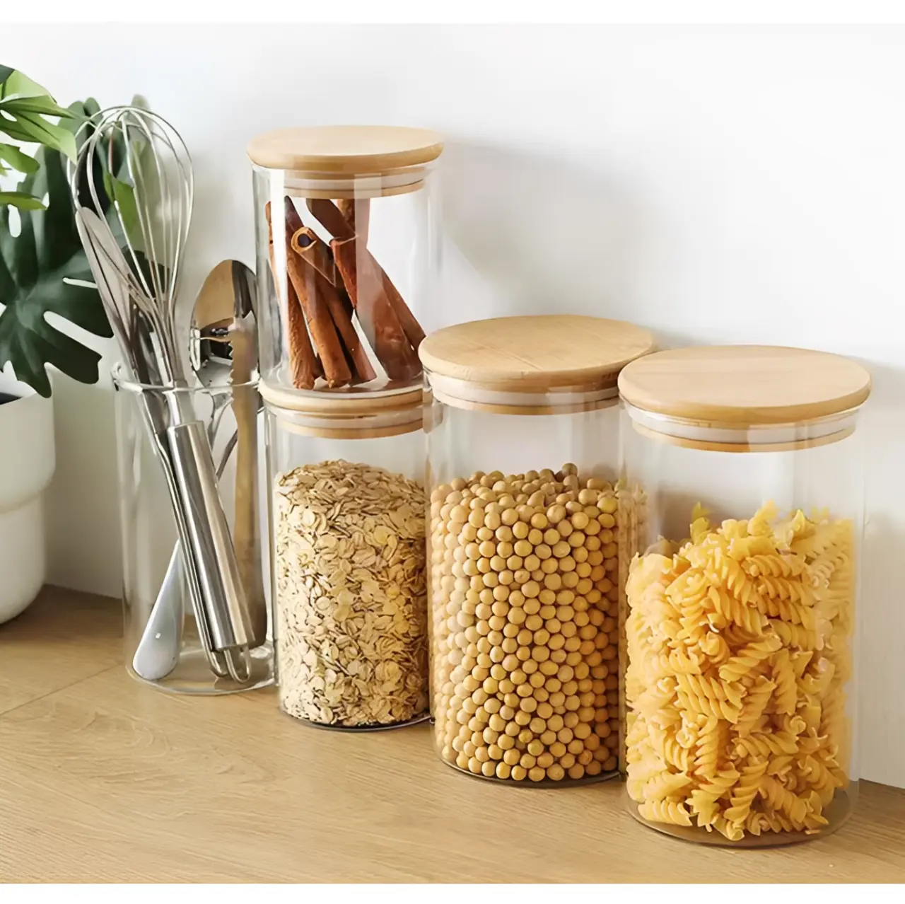 Set 7 borcane de sticla, cu capac de bambus, diferite marimi, etichete, marker, lingurite din plastic, Transparent/Maro, depozitare, organizare, 13 piese [4]