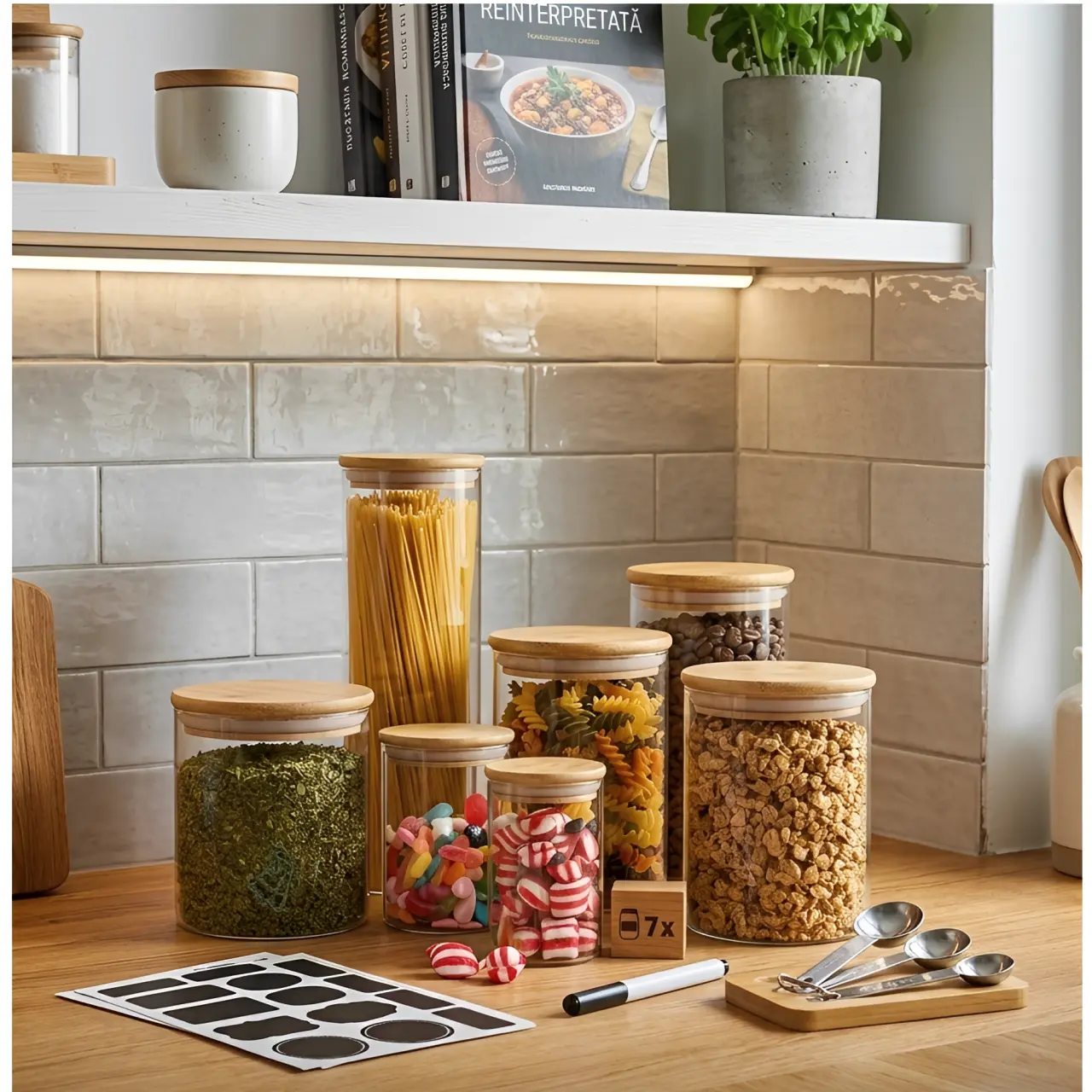 Borcane - Set 7 borcane de sticla, cu capac de bambus, diferite marimi, etichete, marker, lingurite din plastic, Transparent/Maro, depozitare, organizare, 13 piese