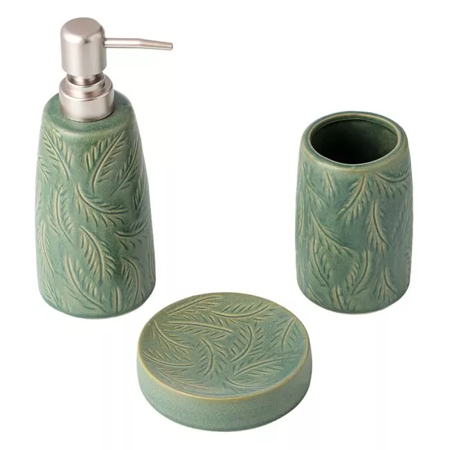 Baie - Set accesorii de baie, cu dozator, pahar pentru periute si sapuniera, Verde menta, 3 buc