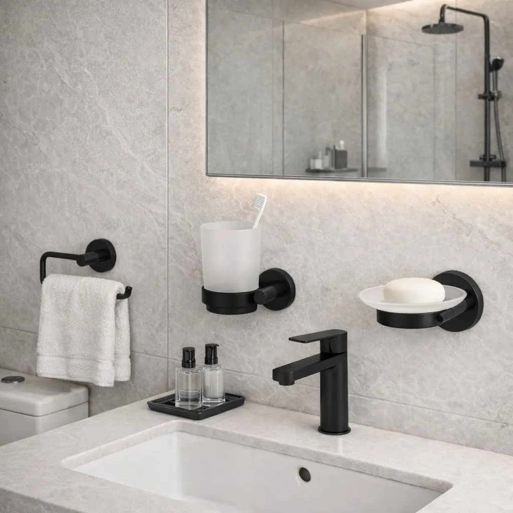 Set accesorii pentru baie, din alama, bara pentru prosoape, suport hartie igienica, suport cu pahar din sticla, sapuniera din sticla, agatatoare dubla, suport pentru prosop maini, Negru, 6 piese [1]