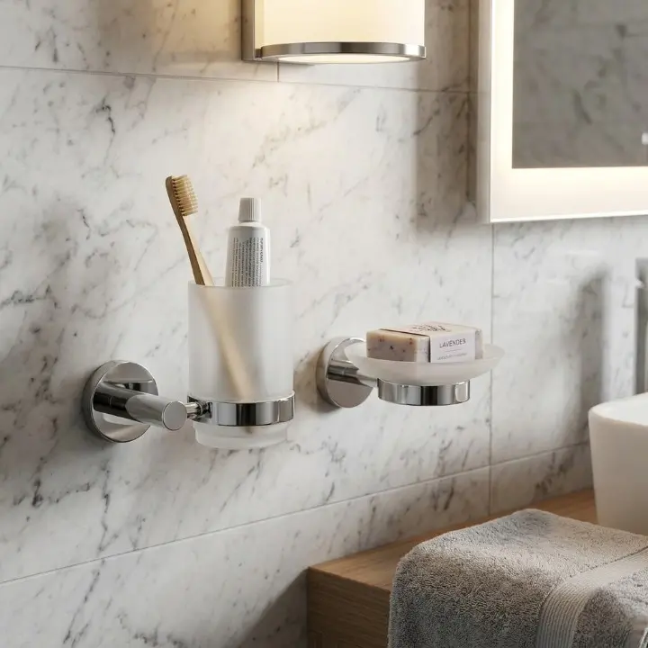 Set accesorii pentru baie, din alama, bara pentru prosoape, suport hartie igienica, suport cu pahar din sticla, sapuniera din sticla, agatatoare dubla, suport pentru prosop maini, Argintiu, 6 piese [4]