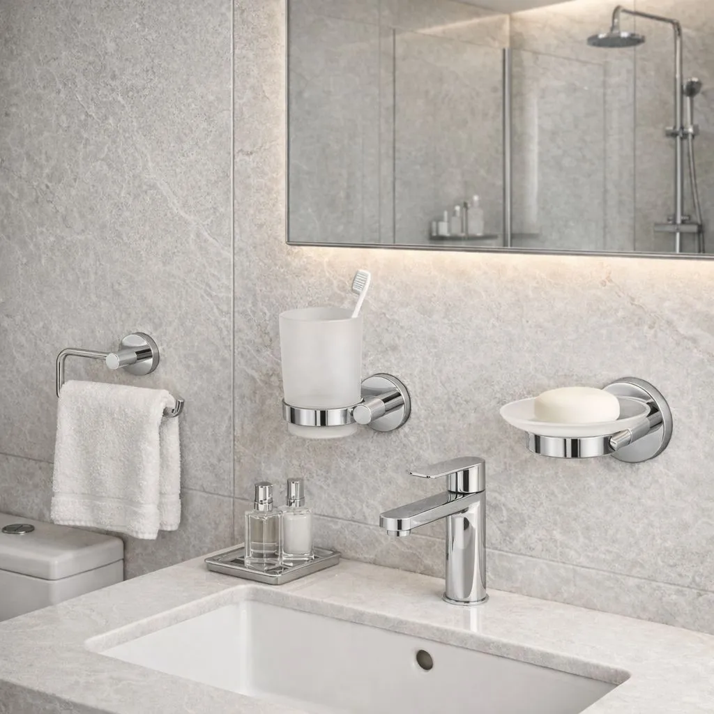 Set accesorii pentru baie, din alama, bara pentru prosoape, suport hartie igienica, suport cu pahar din sticla, sapuniera din sticla, agatatoare dubla, suport pentru prosop maini, Argintiu, 6 piese [1]