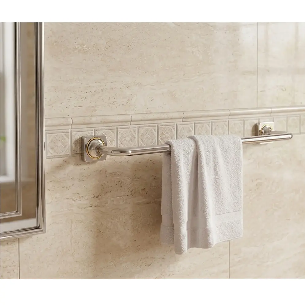 Set accesorii pentru baie, din alama, bara pentru prosoape, suport hartie igienica, suport cu pahar din sticla, sapuniera din sticla, agatatoare, săpunieră tip grătar sau suport burete, Argintiu, 6 piese [5]