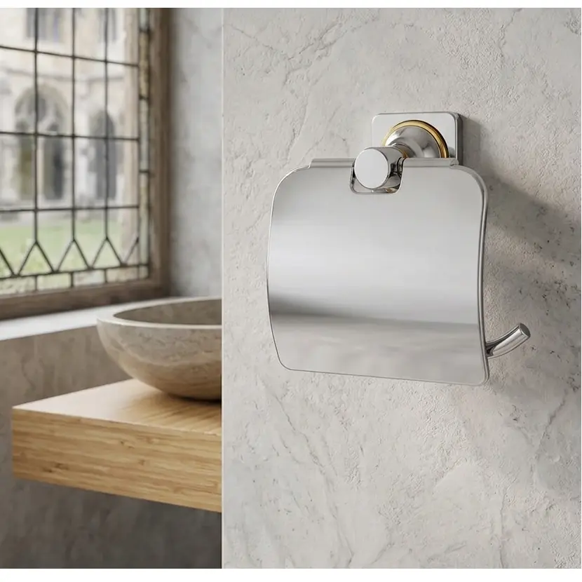 Set accesorii pentru baie, din alama, bara pentru prosoape, suport hartie igienica, suport cu pahar din sticla, sapuniera din sticla, agatatoare, săpunieră tip grătar sau suport burete, Argintiu, 6 piese [3]