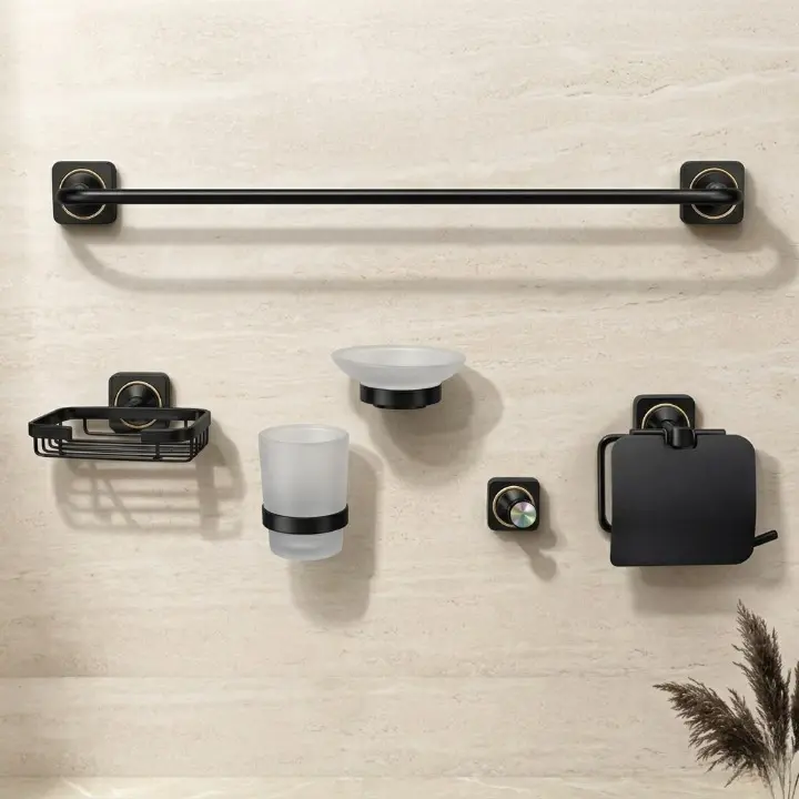 Set accesorii pentru baie, din alama, bara pentru prosoape, suport hartie igienica, suport cu pahar din sticla, sapuniera din sticla, agatatoare, săpunieră tip grătar sau suport burete, Negru, 6 piese