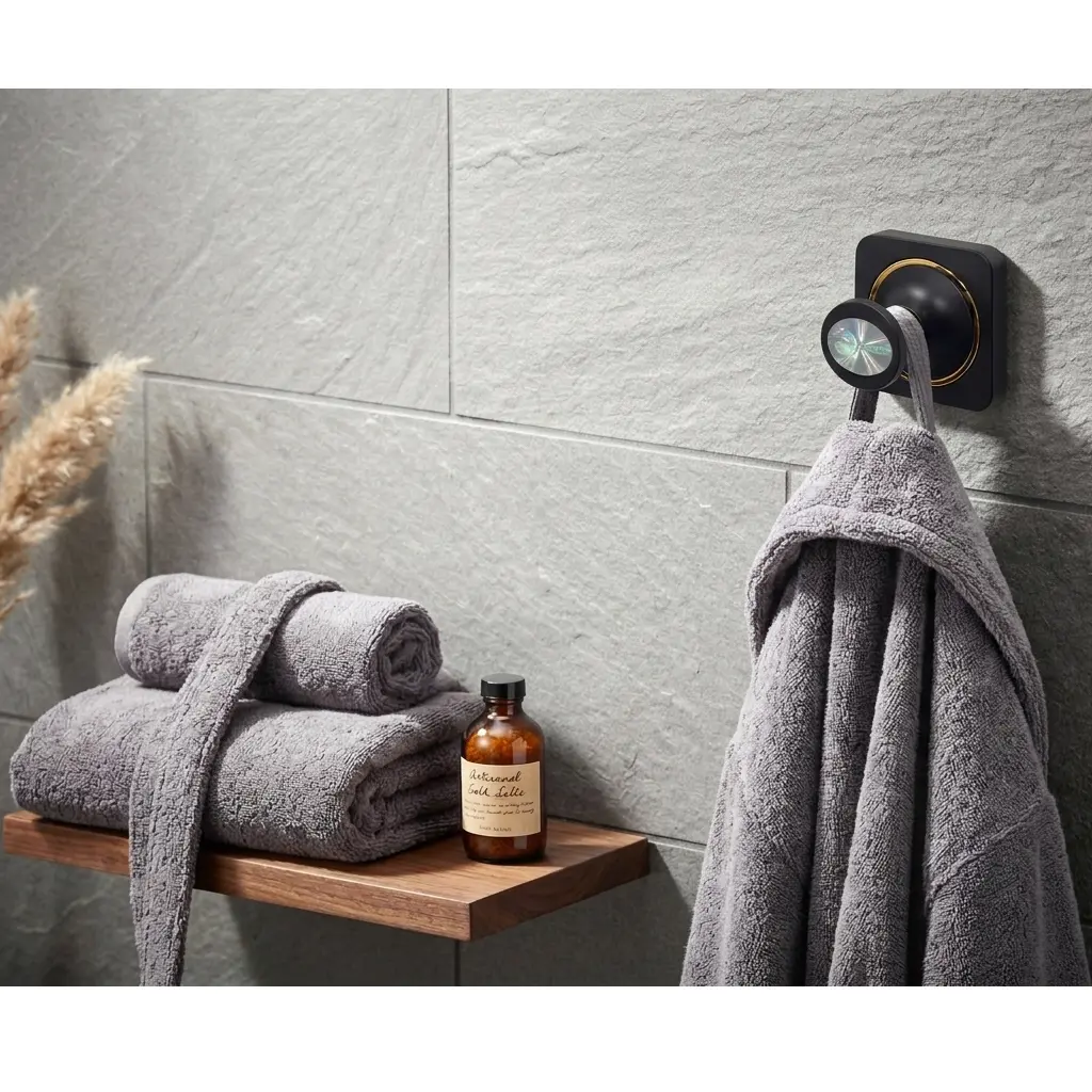 Set accesorii pentru baie, din alama, bara pentru prosoape, suport hartie igienica, suport cu pahar din sticla, sapuniera din sticla, agatatoare, săpunieră tip grătar sau suport burete, Negru, 6 piese [3]