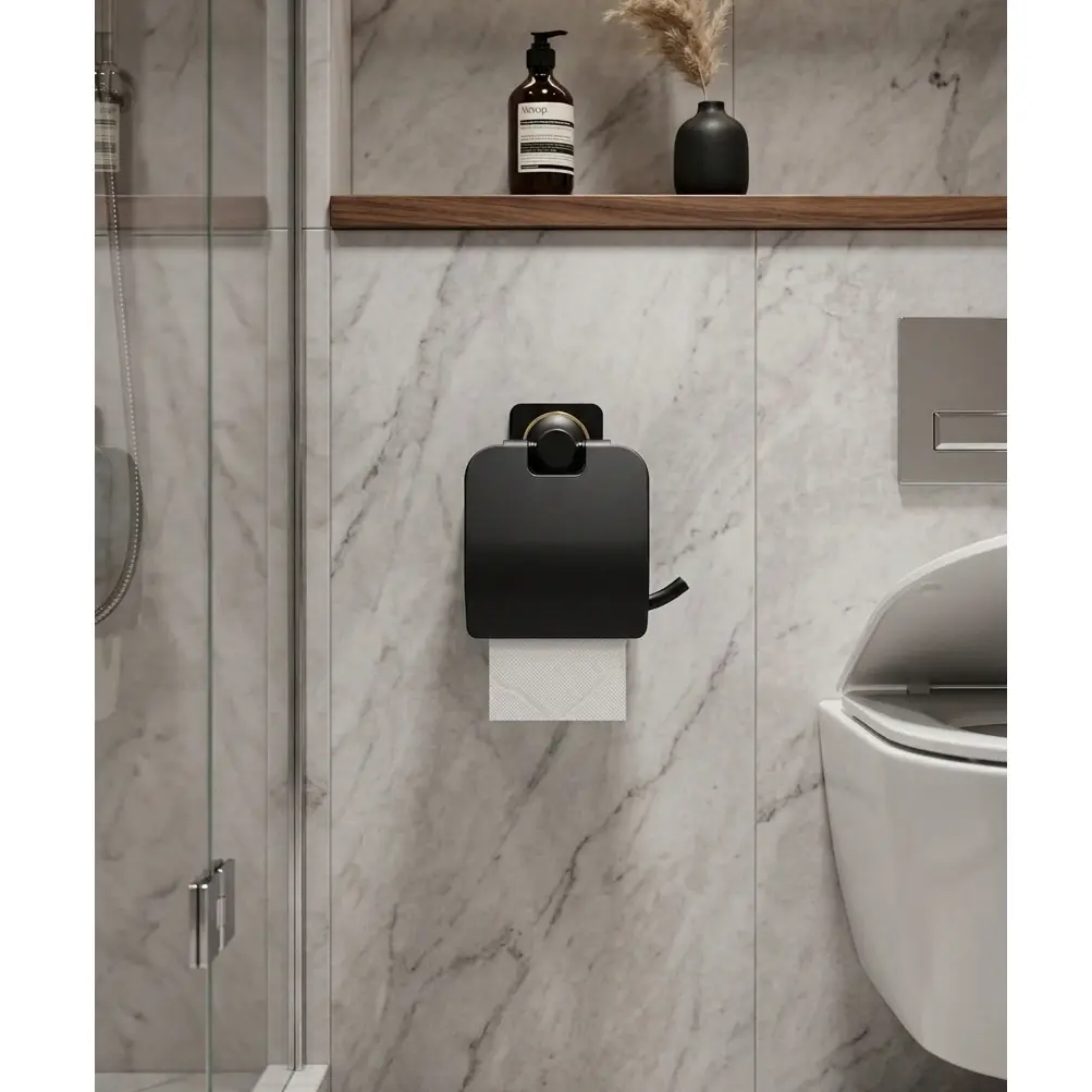 Set accesorii pentru baie, din alama, bara pentru prosoape, suport hartie igienica, suport cu pahar din sticla, sapuniera din sticla, agatatoare, săpunieră tip grătar sau suport burete, Negru, 6 piese [4]