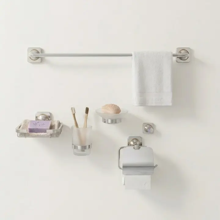 Set accesorii pentru baie, din alama, bara pentru prosoape, suport hartie igienica, suport cu pahar din sticla, sapuniera din sticla, agatatoare, săpunieră tip grătar sau suport burete, Argintiu, 6 piese