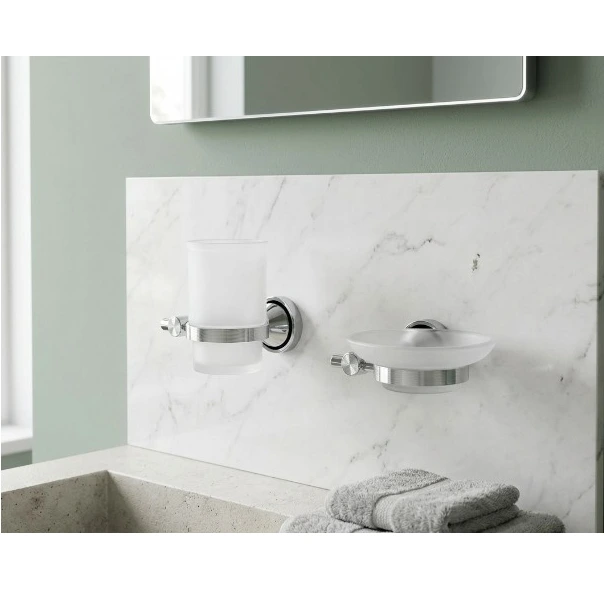 Set accesorii pentru baie, din aluminiu, bara pentru prosoape, suport hartie igienica, suport cu pahar din sticla, sapuniera din sticla, agatatoare dubla, suport pentru prosop maini, Argintiu, 6 piese [4]