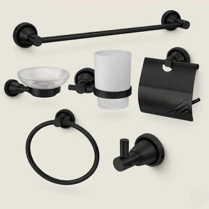 Set accesorii pentru baie, din aluminiu, bara pentru prosoape, suport hartie igienica, suport cu pahar din sticla, sapuniera din sticla, agatatoare dubla, suport pentru prosop maini, Negru, 6 piese [0]