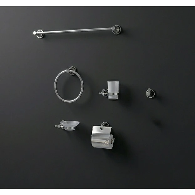 Baie - Set accesorii pentru baie, din aluminiu, bara pentru prosoape, suport hartie igienica, suport cu pahar din sticla, sapuniera din sticla, agatatoare dubla, suport pentru prosop maini, Argintiu, 6 piese