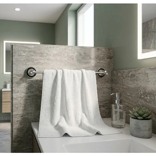 Set accesorii pentru baie, din aluminiu, bara pentru prosoape, suport hartie igienica, suport cu pahar din sticla, sapuniera din sticla, agatatoare dubla, suport pentru prosop maini, Argintiu, 6 piese [2]