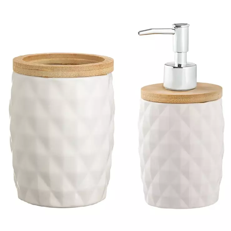 Baie - Set accesorii pentru baie din ceramica, dispenser sapun lichid, recipient pentru periute, Alb, 2 buc.