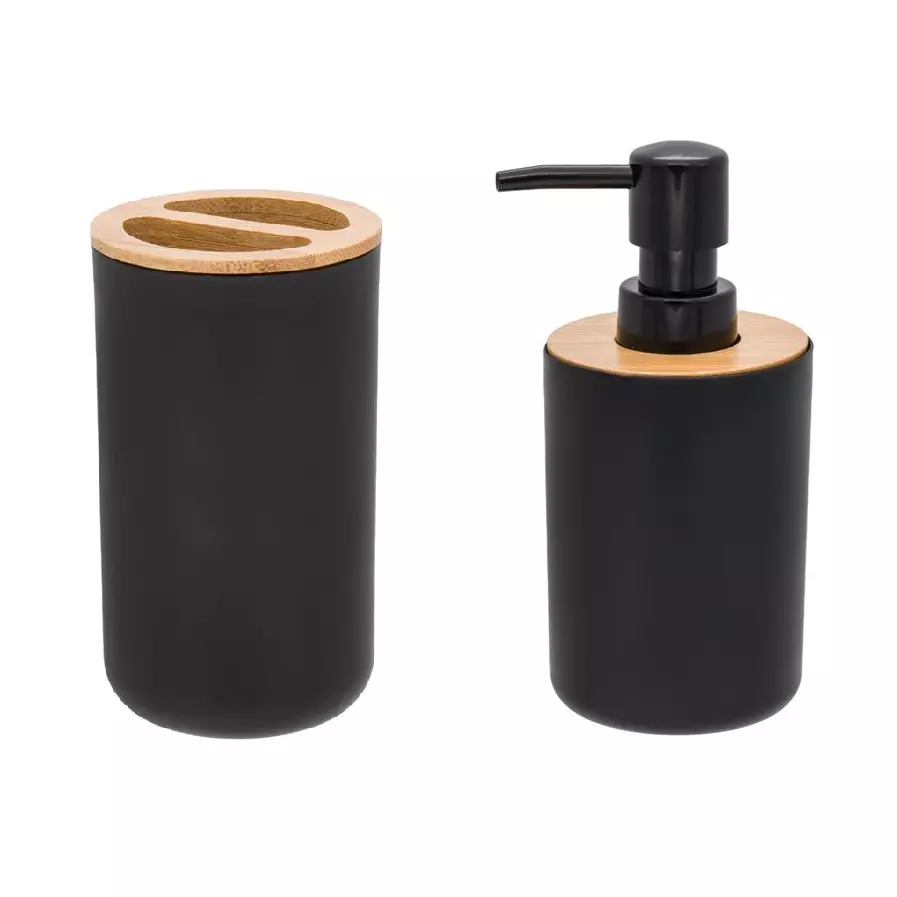 Baie - Set accesorii pentru baie din plastic, dispenser sapun lichid, recipient pentru periute, Negru, 2 buc.