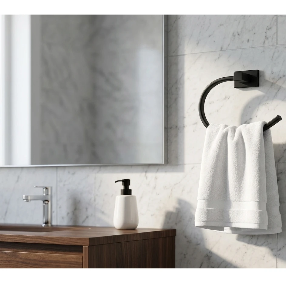 Set accesorii pentru baie, din zinc, bara pentru prosoape, suport hartie igienica, suport cu pahar din sticla, sapuniera din sticla, agatatoare, inel prosop maini, Negru, 6 piese [3]