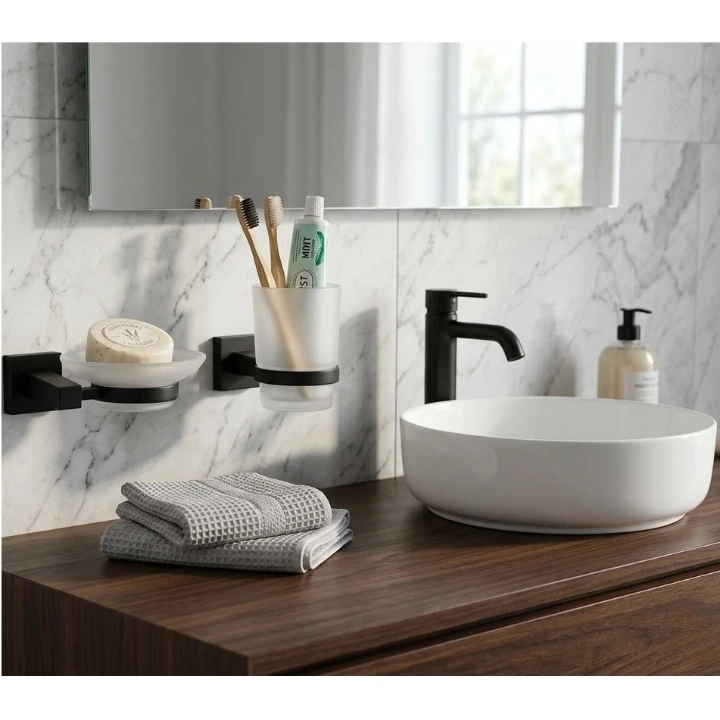 Set accesorii pentru baie, din zinc, bara pentru prosoape, suport hartie igienica, suport cu pahar din sticla, sapuniera din sticla, agatatoare, inel prosop maini, Negru, 6 piese [1]