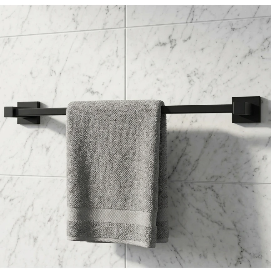 Set accesorii pentru baie, din zinc, bara pentru prosoape, suport hartie igienica, suport cu pahar din sticla, sapuniera din sticla, agatatoare, inel prosop maini, Negru, 6 piese [5]