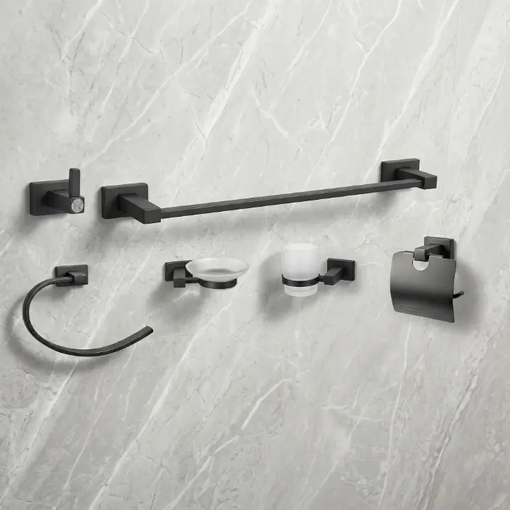 Baie - Set accesorii pentru baie, din zinc, bara pentru prosoape, suport hartie igienica, suport cu pahar din sticla, sapuniera din sticla, agatatoare, inel prosop maini, Gri, 6 piese
