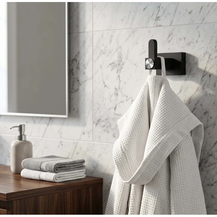 Set accesorii pentru baie, din zinc, bara pentru prosoape, suport hartie igienica, suport cu pahar din sticla, sapuniera din sticla, agatatoare, inel prosop maini, Negru, 6 piese [4]