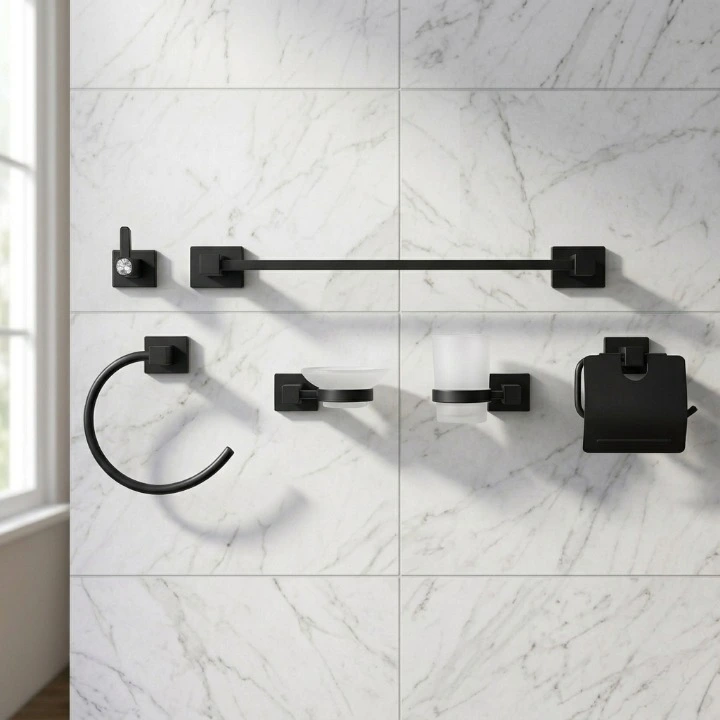 Set accesorii pentru baie, din zinc, bara pentru prosoape, suport hartie igienica, suport cu pahar din sticla, sapuniera din sticla, agatatoare, inel prosop maini, Negru, 6 piese