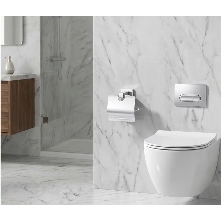 Set accesorii pentru baie, din zinc, bara pentru prosoape, suport hartie igienica, suport cu pahar din sticla, sapuniera din sticla, agatatoare, săpunieră tip grătar sau suport burete, Argintiu, 6 piese [1]