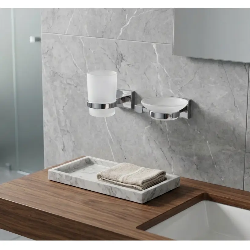 Set accesorii pentru baie, din zinc, bara pentru prosoape, suport hartie igienica, suport cu pahar din sticla, sapuniera din sticla, agatatoare, săpunieră tip grătar sau suport burete, Argintiu, 6 piese [3]