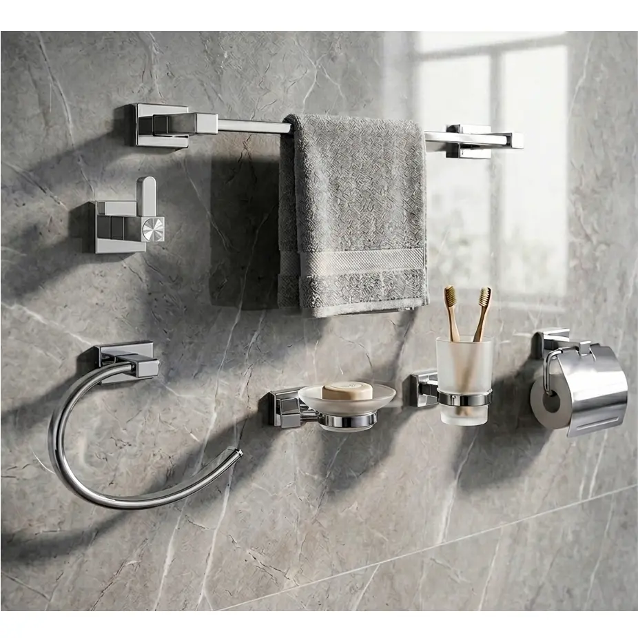 Set accesorii pentru baie, din zinc, bara pentru prosoape, suport hartie igienica, suport cu pahar din sticla, sapuniera din sticla, agatatoare, săpunieră tip grătar sau suport burete, Argintiu, 6 piese