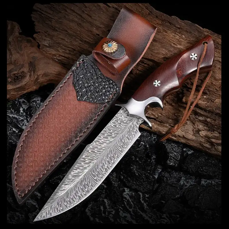Set cutit cu husa, lama cu model, maner din lemn, ornamente maner si husa, elegant, cadou ideal, pentru camping, lungime lama 16 cm, lungime totala 28 cm [5]