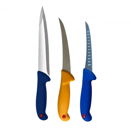 Tacamuri - Set cutite macelarie, lama dublu tais, lama curbata, manere colorate, 3 piese