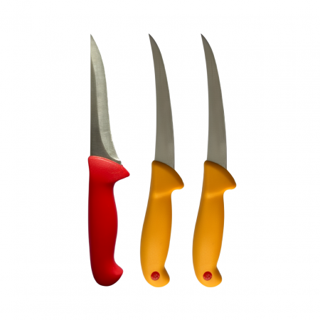 Tacamuri - Set cutite macelarie, lama dreapta, lama curbata, manere colorate, 3 piese