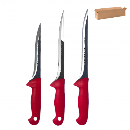 Tacamuri - Set cutite macelarie, lame cu imprimeu, manere rosii, 3 piese