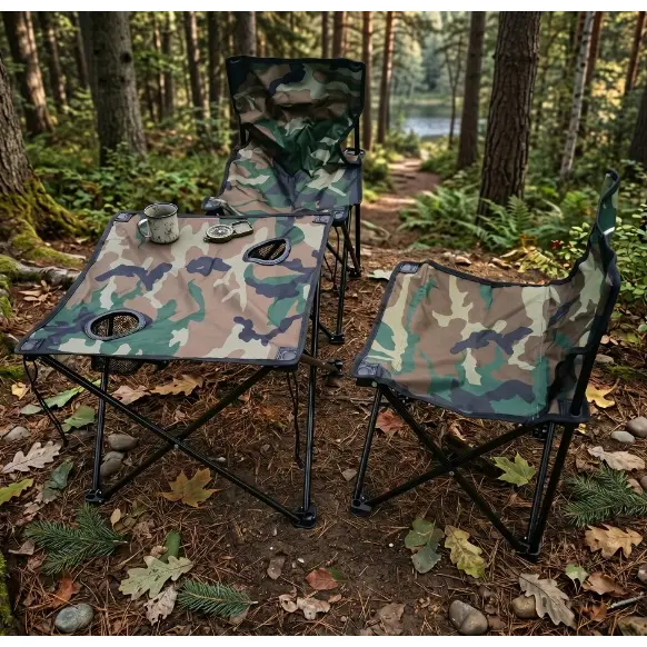 Set de camping portabil, 2 scaune pliabile, masa pliabila, geanta de transport, model camuflaj, 4 piese [3]
