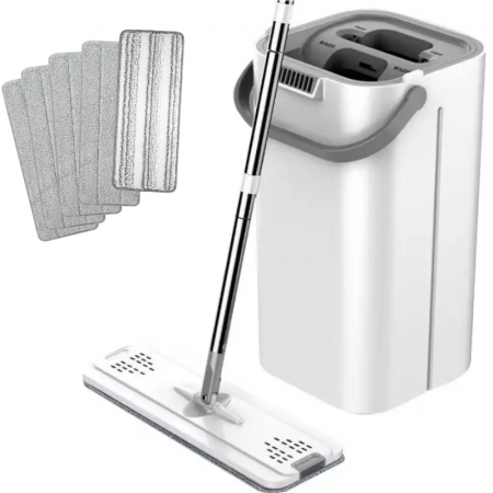 Set de mop cu galeata, cuve separate pentru spalare si uscare, Alb/Gri, 5 lavete pentru mop incluse, 23 x 17 x 37 cm [0]