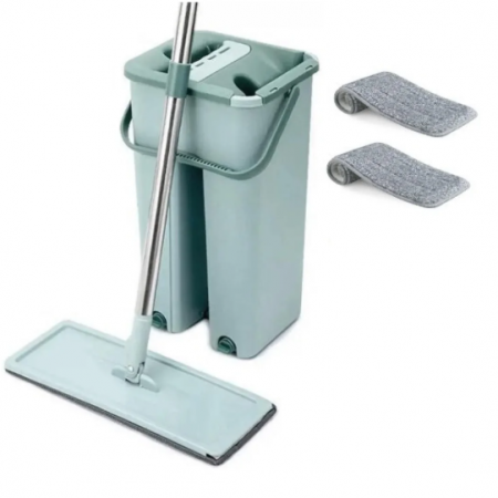 Set de mop cu galeata, cuve separate pentru spalare si uscare, Turcoaz, 2 lavete pentru mop incluse