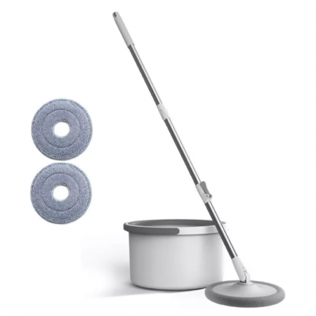 Curățenie - Set de mop rotativ cu galeata, storcator, mop rotund cu microfibra, 2 lavete incluse, Gri / Alb